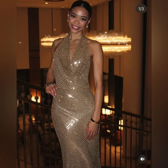 Zara Elegant Gold Sequin Gown halter plunge neck maxi bodycon evening dress - Picture 4 of 10